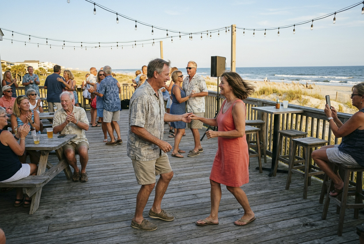 Couples shag dancing to Carolina beach music