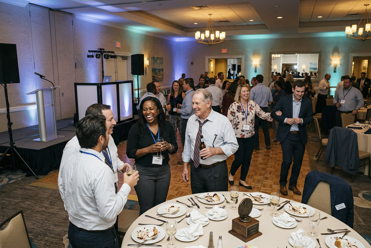 Guests networking and dancing at a corporate awards banquet