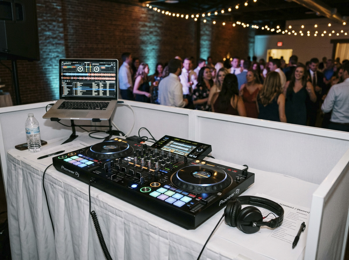 Pioneer DDJ-FLX10 DJ controller glowing at a professional booth