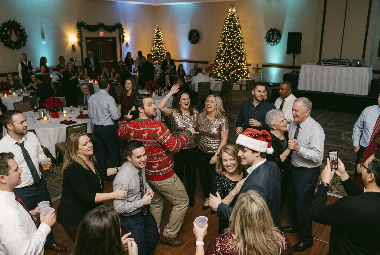 Coworkers dancing at a festive company Christmas party