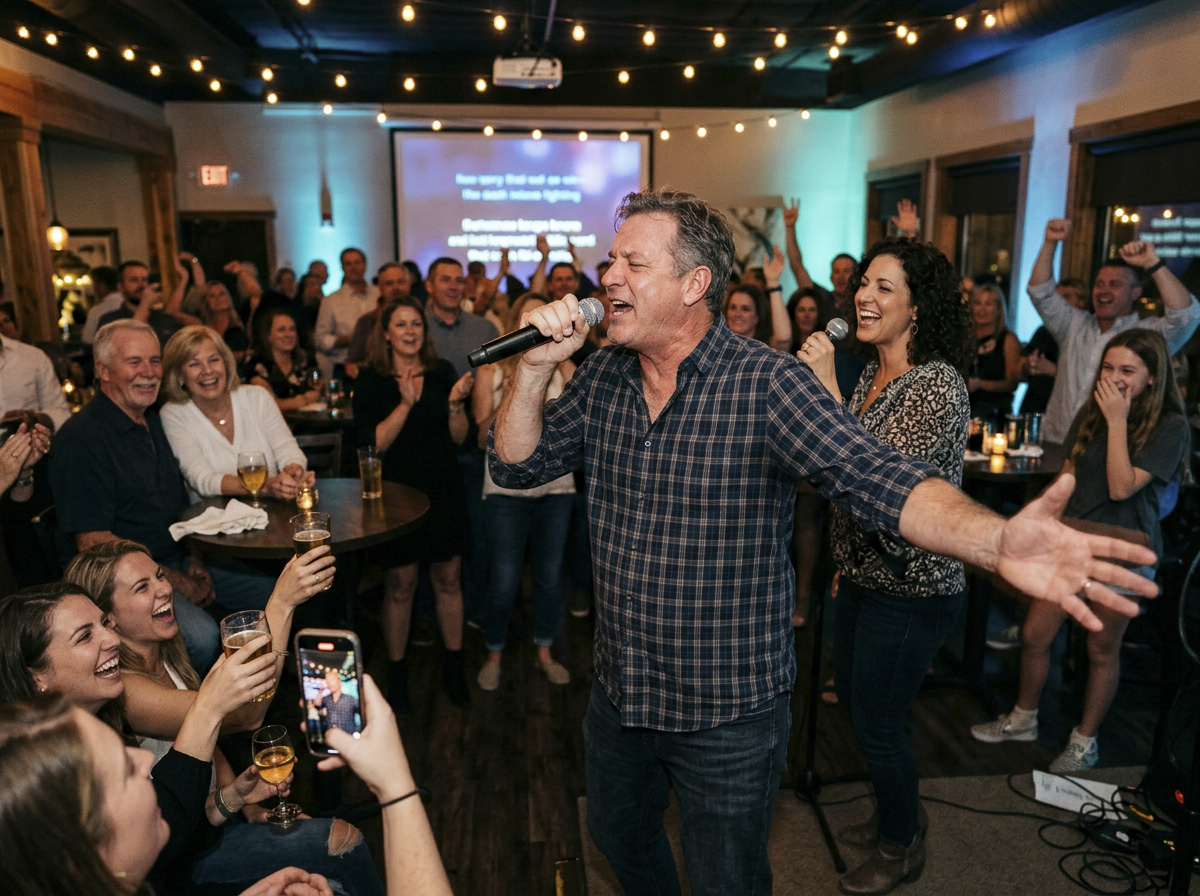 Guest singing karaoke with a microphone