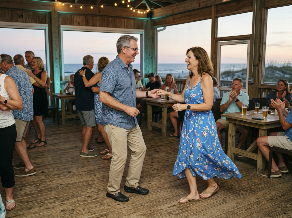 Couple shag dancing to Carolina beach music