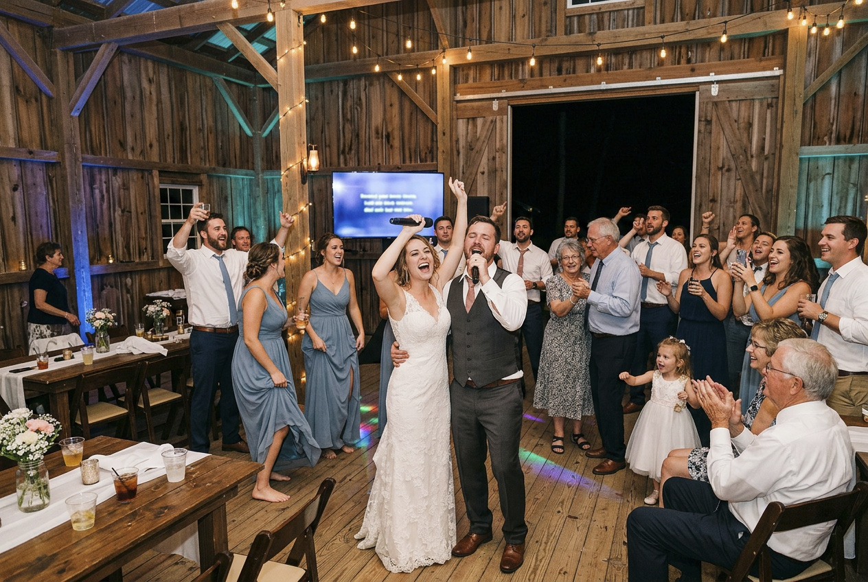 Bride and groom singing karaoke at a barn wedding reception as guests dance and cheer