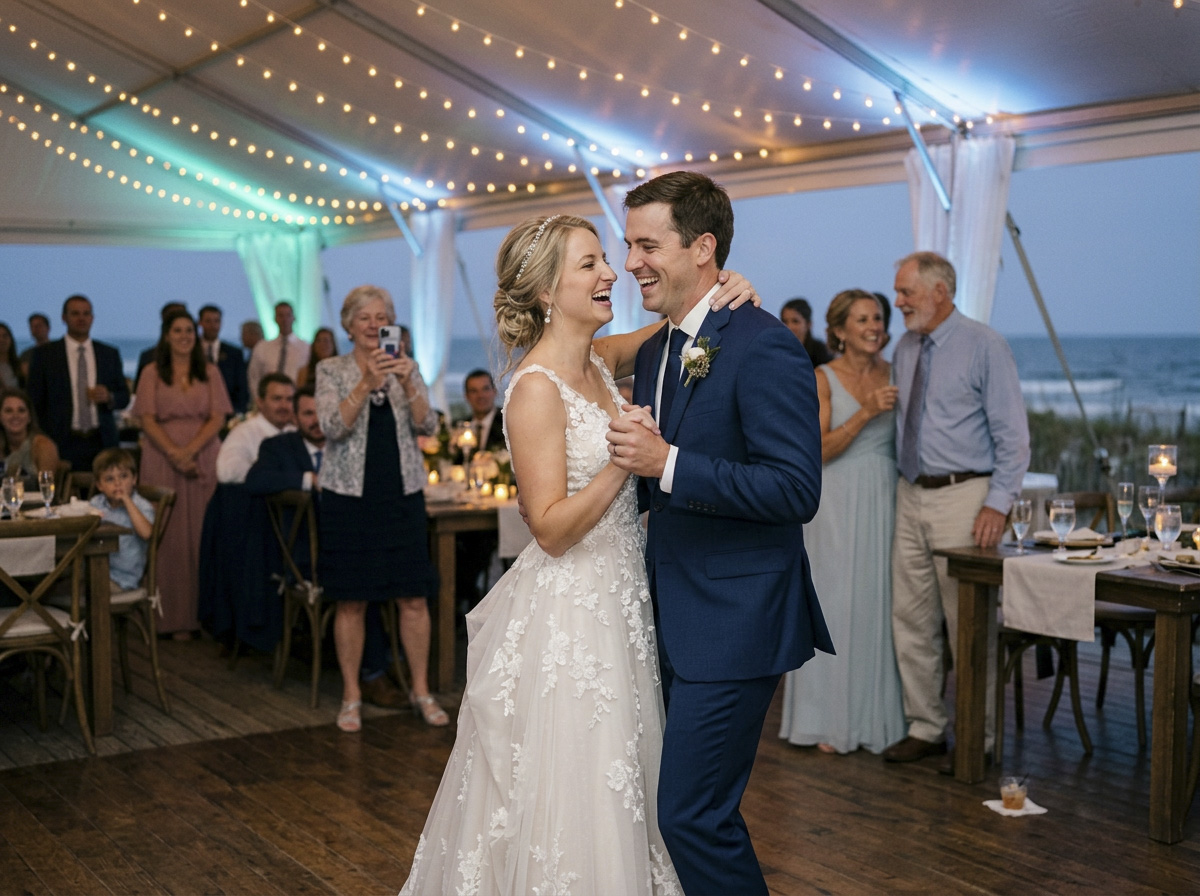 Bride and groom sharing their first dance under string lights