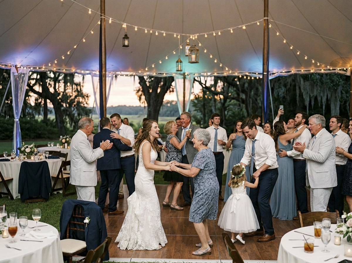 Wedding guests dancing during the reception